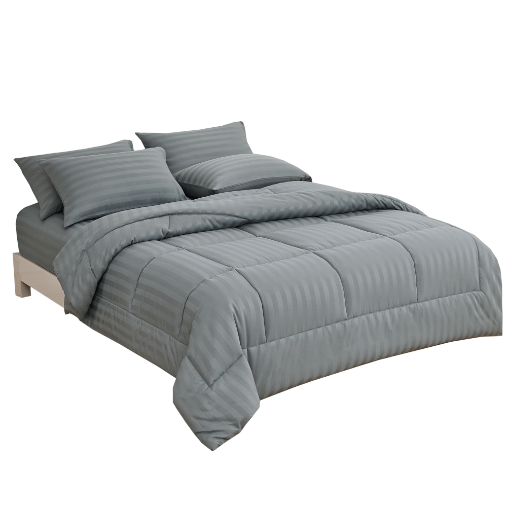 ชุดผ้าปูที่นอน 5 ฟุต 6 ชิ้น ibed ลายริ้ว Midnight Gray พร้อมผ้านวมเย็บติด